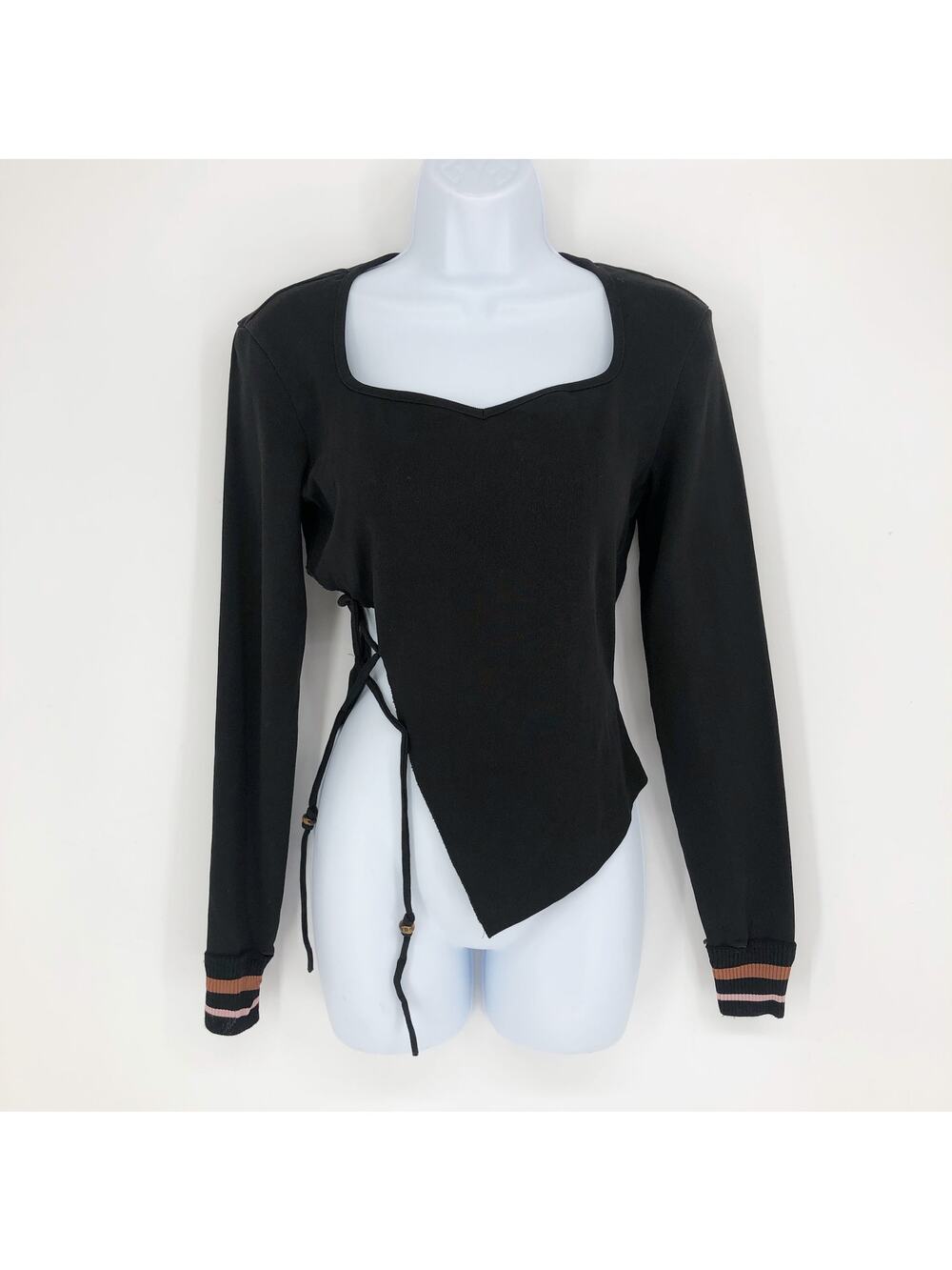 DIDU Asymmetrical Lace Up Top Black Medium Sweetheart Neck Long Sleeve Knit SS23